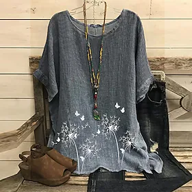 Dame Pluss størrelse Topper Bluse Skjorte Blomstret Sommerfugl Trykt mønster Kortermet Rund hals Årgang Daglig Feriereise Polyester Høst Vår Lotus Sommerfugl S