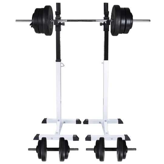 vidaXL vægtstang- og squat-stativ med vægtstangs- og håndvægtesæt 60,5 kg