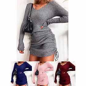 Dame Genserkjole Kroppstett Kjole Mini kjole Svart Rosa Vin Langermet Ren farge Rynket Vinter Høst Vår V-hals Mote Daglig Feriereise Helg 2022 S M L XL XXL 3XL
