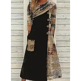 kvinners fritidskjole midikjole svart 3/4-lengde ermer fargeblokk patchwork vinter høst vår rund hals klassisk helg 2023 s m l xl 2xl 3xl