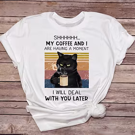 Dame Pluss størrelse Topper T skjorte Stripet Katt Trykt mønster Kortermet Crewneck Gatemote Preppy Daglig Ut på byen Polyester Vår Sommer Hvit Svart / Store s