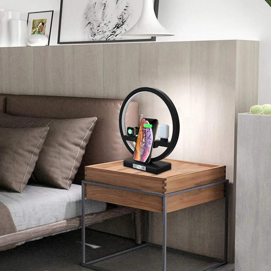 3-i-1 Trådløs Ladestation med Lampe - Sort