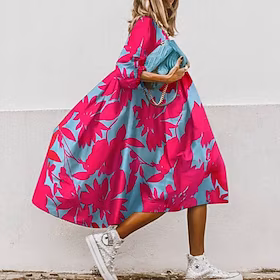 Dame Skiftkjole Swingkjole Midikjole Svart Fuksia Grønn 3/4 ermer Blomstret Trykt mønster Høst Vår Crew-hals Ferie 2023 S M L XL XXL 3XL 4XL 5XL