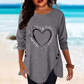 Dame Pluss størrelse Topper T skjorte Hjerte Assymetrisk Knapp Langermet Crewneck Gatemote Daglig Sport Bomull Høst Vinter Grønn Svart / Store størrelser / Sto