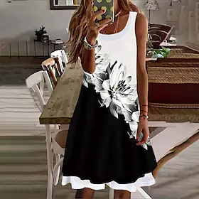 Dame Uformell kjole Mini kjole Hvit Rosa Rød Ermeløs Blomstret falske to stykker Vår Sommer Crew-hals Fritid Helg 2023 S M L XL XXL 3XL 4XL 5XL
