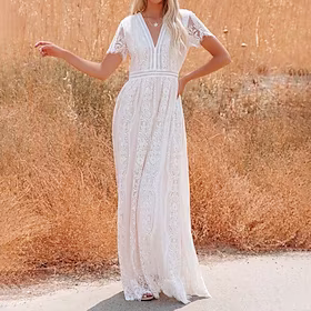 kvinners festkjole blondekjole hvit kjole lang kjole maxi kjole hvit rosa halvermet ren farge blonder vårsommer v-hals elegant fest 2023 s m l xl xxl