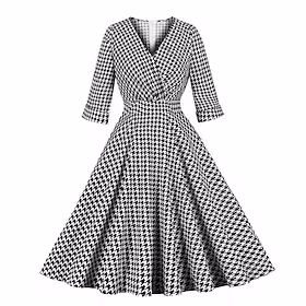 Dame Vintage kjole Mini kjole Svart og Hvit Langermet Hundetannmønster Rynket Vinter Høst Vår V-hals Mote Feriereise Helg 2023 S M L XL XXL 3XL 4XL
