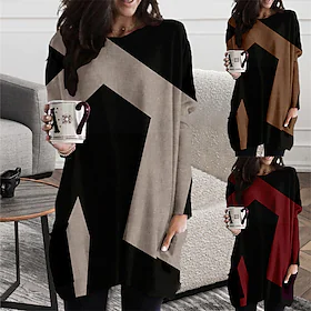 dame t-skjortekjole tee-kjole kort minikjole beige langermet geometrisk lommetrykk høst vinter rund hals casual 2022 6xl