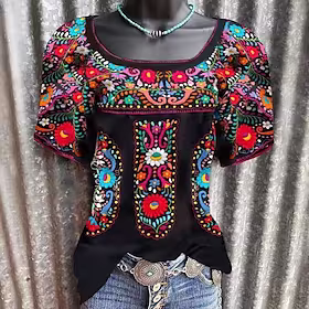 dametopper t-skjorte t-skjorte med blomster brodert kortermet rund hals vintage streetwear daglig ferie polyester vår sommer svart rød / v-hals / v-hals