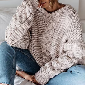 genser for damer chunky strikket strikket ensfarget rund hals stilig uformell daglig date høst vinter beige 3xl