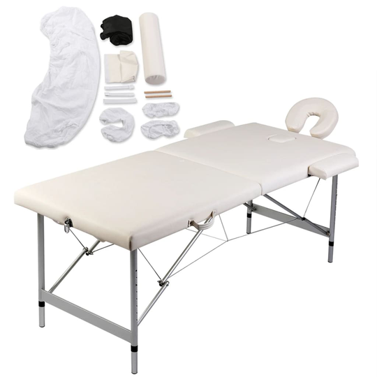 vidaXL massagebord 2 zoner foldbart alustel cremefarvet + tilbehørssæt