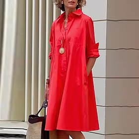 Dame Skjortekjole Uformell kjole Skiftkjole Midikjole utendørs Vinter kjole Daglig Polyester Elegant Fritid Skjortekrage Lomme Rullet mansjett Langermet Vinter