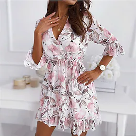 Dame Uformell kjole Mini kjole Svart Hvit Rød 3/4 ermer Blomstret Trykt mønster Vinter Høst V-hals Ferie 2023 S M L XL XXL 3XL