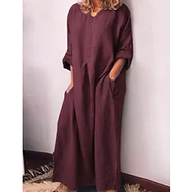 kvinners skiftkjole lang kjole maxi kjole grønn rød grå 3/4 lengde erme ren farge lappeteppe høst våren rund hals basic løs passform 2023 s m l xl xxl 3xl 4xl