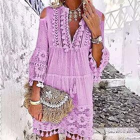 Dame Skiftkjole Boho-kjole Mini kjole Hvit Gul Rosa 3/4 ermer Ren farge Dusk Vinter Høst V-hals Ferie Løstsittende 2023 S M L XL XXL 3XL 4XL 5XL