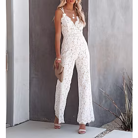 kvinners uformell fest street holiday deep v 2023 hvit svart vin jumpsuit ensfarget glidelås