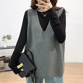 Dame Genser vest Jumper Riflet Strikke Tunika Strikket Ren farge V-hals Gammeldags stil Fritid utendørs Daglig Vår Sommer Gul Lysebrun En Størrelse / Bomull /
