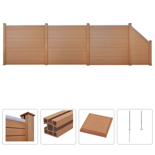 vidaXL hegnssæt WPC 3 firkantede + 1 skrå 625 x 187 cm brun