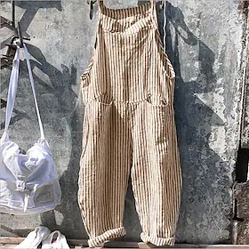 ababc jentemote bomull lin romper kvinners bandasje ermeløs stripe bodysuit playsuit casual baggy overalls jumpsuit lin med lommer brede ben harembukser