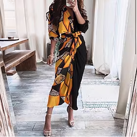 kvinners fritidskjole skjortekjole lang kjole maxi-kjole svart lilla halvermet floral rynket vår sommer skjortekrage helg 2023 s m l xl xxl 3xl
