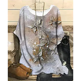 Dame Pluss størrelse Topper Bluse Skjorte Sommerfugl Dyr Trykt mønster Kortermet Crewneck Gatemote Daglig Ut på byen Bomullsspandexjersey Vår Sommer Grønn Blå