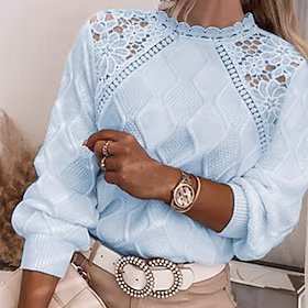 Dame Pullover genser Jumper Kabel Strikke Strikket Blonder Ren farge Høy krage Stilfull Fritid utendørs Daglig Vinter Høst Lyseblå Hvit S M L / Langermet / Fer
