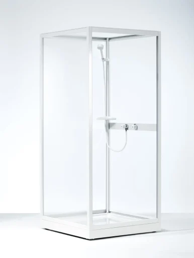 Ifø Next dusjkabinett 80x80 cm, NK i diskret mønstret styren. Bakparti i hvit styren m/hvitlakkerte profiler