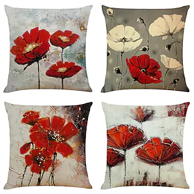 sett med 4 kunstneriske blomster firkantet dekorativt putetrekk sofa putetrekk hjemmesofa dekorativ faux lin putetrekk til sofa sofa seng stol rød