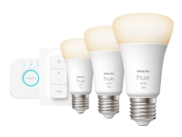Philips Hue White Starter Kit - Trådløst belysningssæt - LED-lyspære x 3 - E27 - 9.5 W (tilsvarende 75 W) - klasse F - varmt hvidt lys - 2700 K - hvid