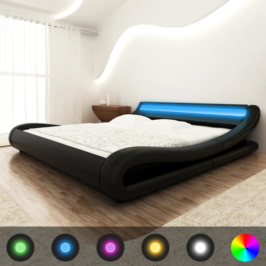 vidaXL kunstlæderseng buet design 180x200 cm LED-lys inkl. madras sort