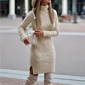 damegenser genserkjole kort minikjole beige lange ermer ren farge strikkeprint høst vinter turtleneck casual 2022 xxl