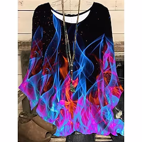 Dame Pluss størrelse Topper Bluse Skjorte Geometri Flamme Trykt mønster Langermet Crew-hals Grunnleggende Fritid Daglig Feriereise Polyester Høst Vår Blå Hvit