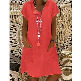 Dame Uformell kjole Skiftkjole Midikjole Svart Gul Lysegrønn Kortermet Ren farge Lomme Høst Vår Sommer V-hals Grunnleggende Daglig Feriereise Helg Løstsittende