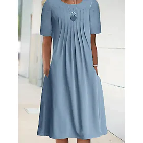 Dame Uformell kjole Skiftkjole Midikjole Blå Grønn Kortermet Ren farge Rynket Høst Vår Sommer Crew-hals Grunnleggende Daglig Helg Løstsittende 2023 S M L XL XX