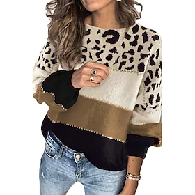 Dame Pullover genser Jumper Strikke Strikket Leopard Crew-hals Etnisk stil Gammeldags stil Daglig Stevnemøte Vinter Høst Grønn Blå S M L / Langermet / Genser /