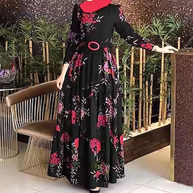 kvinners swingkjole kaftankjole lang kjole maxi-kjole rød blå lilla langermet floral rynket vinter høst vår med rund hals muslim daglig helg 2023 s m l xl xxl