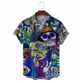 suoyi menns individuelle design hodeskalleblomstertrykk kort erme uformell løs strand hawaiisk skjorte hawaiisk blå