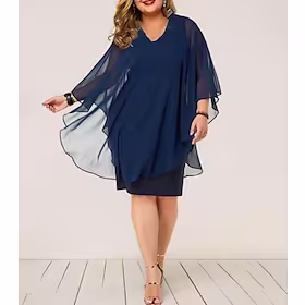 Dame Store størrelser Festkjole Helfarge V-hals 3/4 ermer Høst Vår Stilfull Elegant Midikjole Formell Fest Kjole