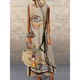 Dame Skiftkjole Lang kjole Maxikjole Blå Grønn Beige Ermeløs Trykt mønster Trykt mønster Vår Sommer Crew-hals Fritid 2023 S M L XL XXL 3XL