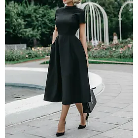 Dame Arbeidskjole Svart kjole Formell kjole Midikjole Svart Kortermet Ren farge Tynn Vår Sommer Crew-hals Elegant Kontor Stevnemøte Tynn 2023 S M L XL XXL