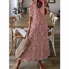 kvinners a line kjole maxi lang kjole rosa halvermet trykk rynket trykk høst vår v-hals stilig casual 2023 s m l xl xxl 3xl