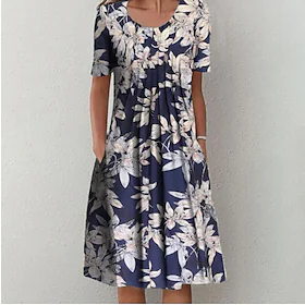 Dame Uformell kjole Floral kjole Midikjole Marineblå Kortermet Blomstret Lomme Vår Sommer Crew-hals Fritid Helg 2023 S M L XL XXL
