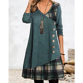 Dame Uformell kjole T skjortekjole Tartan kjole Mini kjole Mørkegrønn 3/4 ermer Ruter Rynket Vinter Høst Vår V-hals Moderne Helg 2023 S M L XL 2XL 3XL