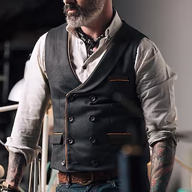 Herre سترة Gilet Pustende Bryllup Virksomhet Daglig Dobbeltkneppet Aftæpning Forretning Fritid Smart Casual Jakke Yttertøy عادي Lomme Svart