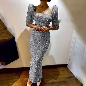 festkjole for kvinner paljettkjole bodycon lang kjole maxi kjole grønn blå rød langermet ren farge paljetter vinter høst høst firkantet hals fest vinterkjole s