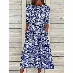 Dame Uformell kjole Midikjole Blå Halvlange ermer Blomstret Rynket Vår Sommer Crew-hals Fritid Løstsittende 2023 S M L XL 2XL 3XL