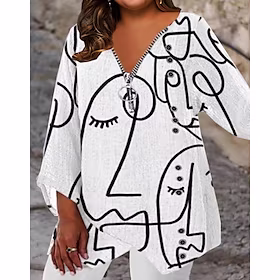 Dame Pluss størrelse Topper Bluse Skjorte Grafisk Glidelås Trykt mønster Langermet V-hals Gatemote Festival Daglig Feriereise Polyester Høst Vår Hvit