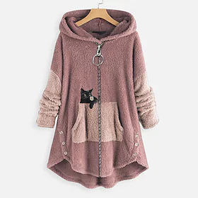 Dame Pluss størrelse Teddyfrakk Dyr Katt Avslappet Hus Langermet V-splitt Normal Høst Vinter Grønn Rosa Mørkegrå L XL XXL 3XL 4XL / Store størrelser / Løstsitt