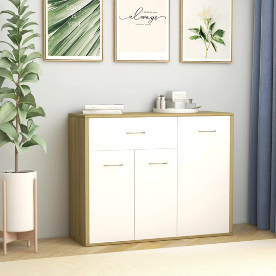vidaXL skænk 88x30x70 cm konstrueret træ hvid og sonoma-eg