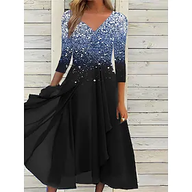 Dame Chiffonkjoler Swingkjole Midikjole Svart Blå Lilla 3/4 ermer Fargeblokk Trykt mønster Vinter Høst V-hals Elegant 2023 S M L XL XXL 3XL 4XL 5XL